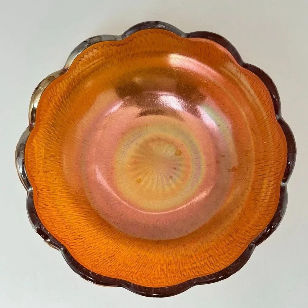 Vintage Jeanette Iridescent Orange Marigold Carnival Glass Scalloped Bowl